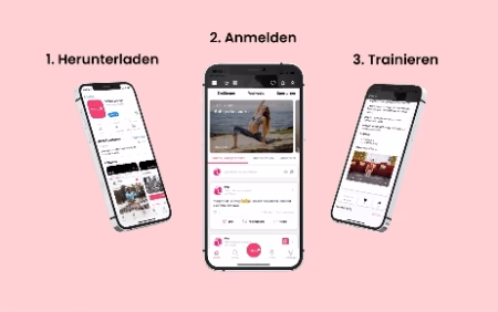 Drei Smartphones mit der Fitness Lounge App – Schritte: Herunterladen, Anmelden, Trainieren